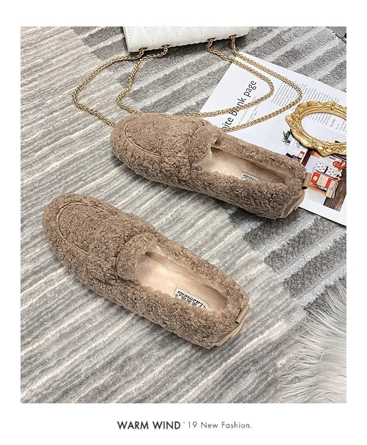 Lambwool Moccasins Femme Curly Sheep Fur Flats Woman Warm Plush Loafers Winter Cotton Shoes Women Furry Snow Boot