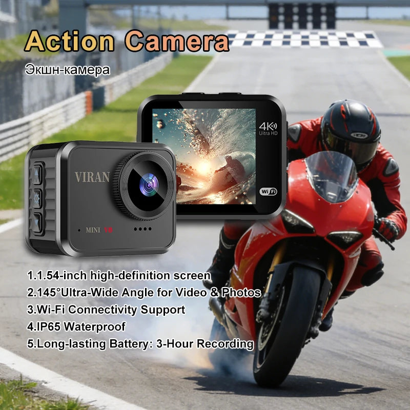 Mini Action Camera 4K Ultra HD 16MP Long Recording Time WiFi 1.54 inch IPS Display 145° Wide Angle IP67 Waterproof Sports DV Cam