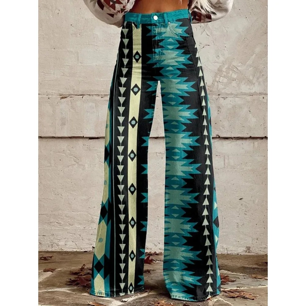 Pink Green Aztec Geometric Print High Waist Wide Leg Pants Cotton Casual Boho Trousers Vintage Women's Western Casual Trousers