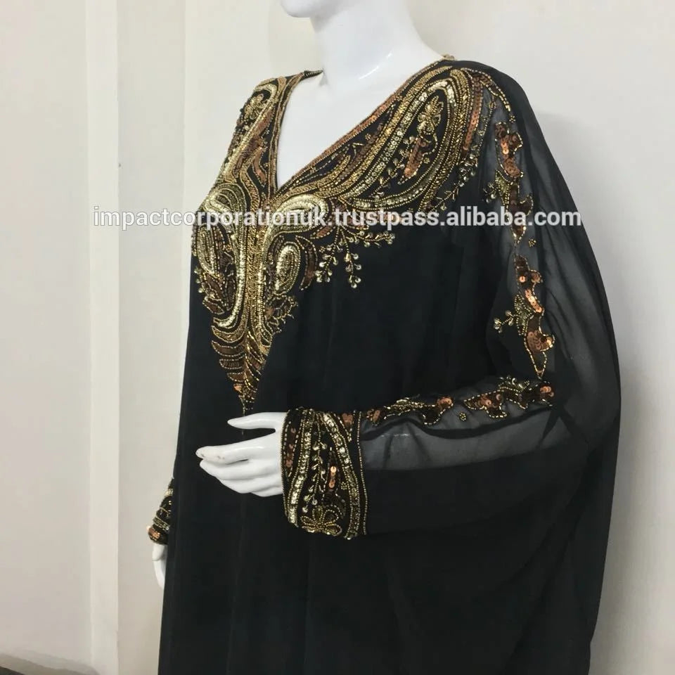 Muslim Kaftan Abaya Elegant Sequined Pearls Appliques Beading Georgette Straight Long Sleeve Floor-Length Women 2022 Hot Sell