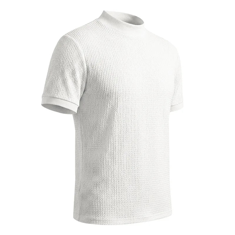 Men Summer Solid Jacquard Textured Mock Neck Short Sleeve T Shirt Slim Fit Simple Versatile Casual Daily Male Basic Tees