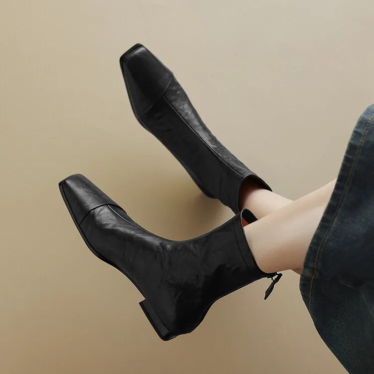NEW Autumn/Winter Women Boots Square Toe Low Heel Shoes Genuine Leather Shoes for Women Concise Zipper Short Boots Modern Boots