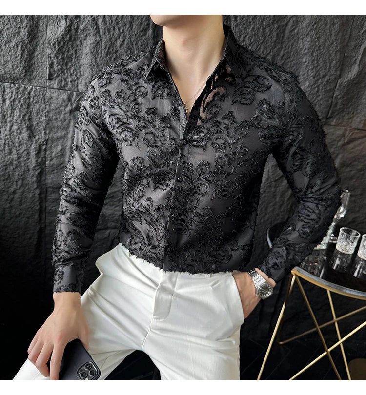 Tassels Shirts For Men Korean New Autumn Winter Long Sleeve Men's Social Shirt Slim Fit All Match Plain Color Blouse Homme 4XL-M