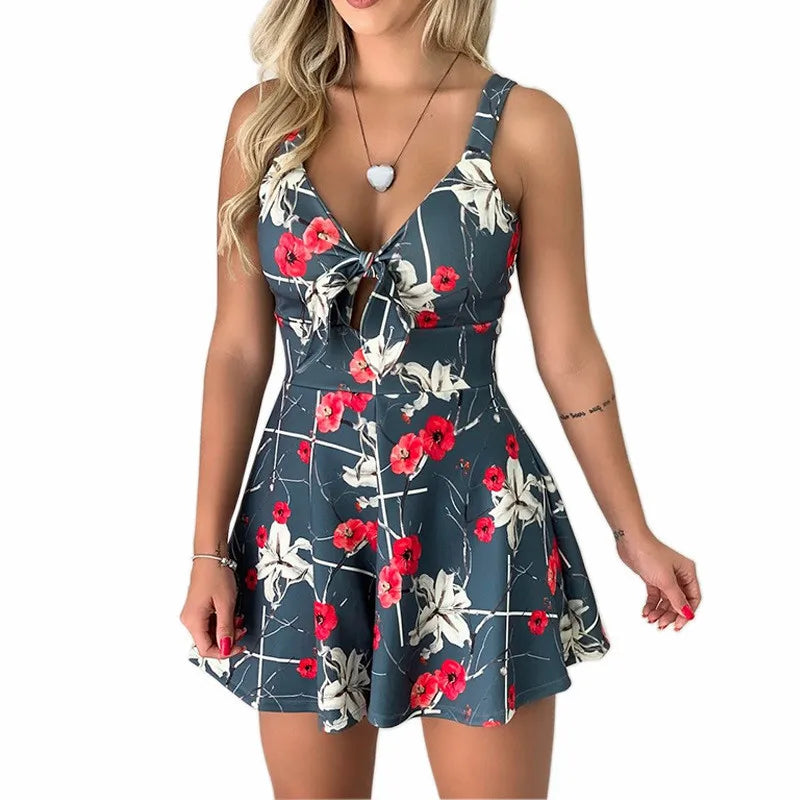 Sexy Spaghetti Strap Flower Print Jumpsuit Women Fashion Bowknot Leace-up Backless Slim Short Jumpsuits Female Trendy Streetwear