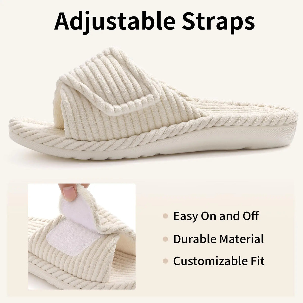 Evshine Women's Orthopedic House Slippers Arch Support Indoor Fur Slippers with Adjustable Strap Open Toe Corduroy Bedroom Shoes