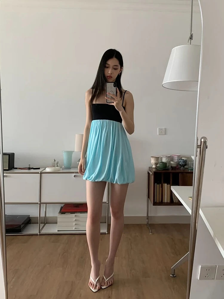 Trendy Color Block Mini Dress Thin Spaghetti Square Neck Back Button Bubble Hem Loose Skirt Casual Summer Daily Date Party Wear