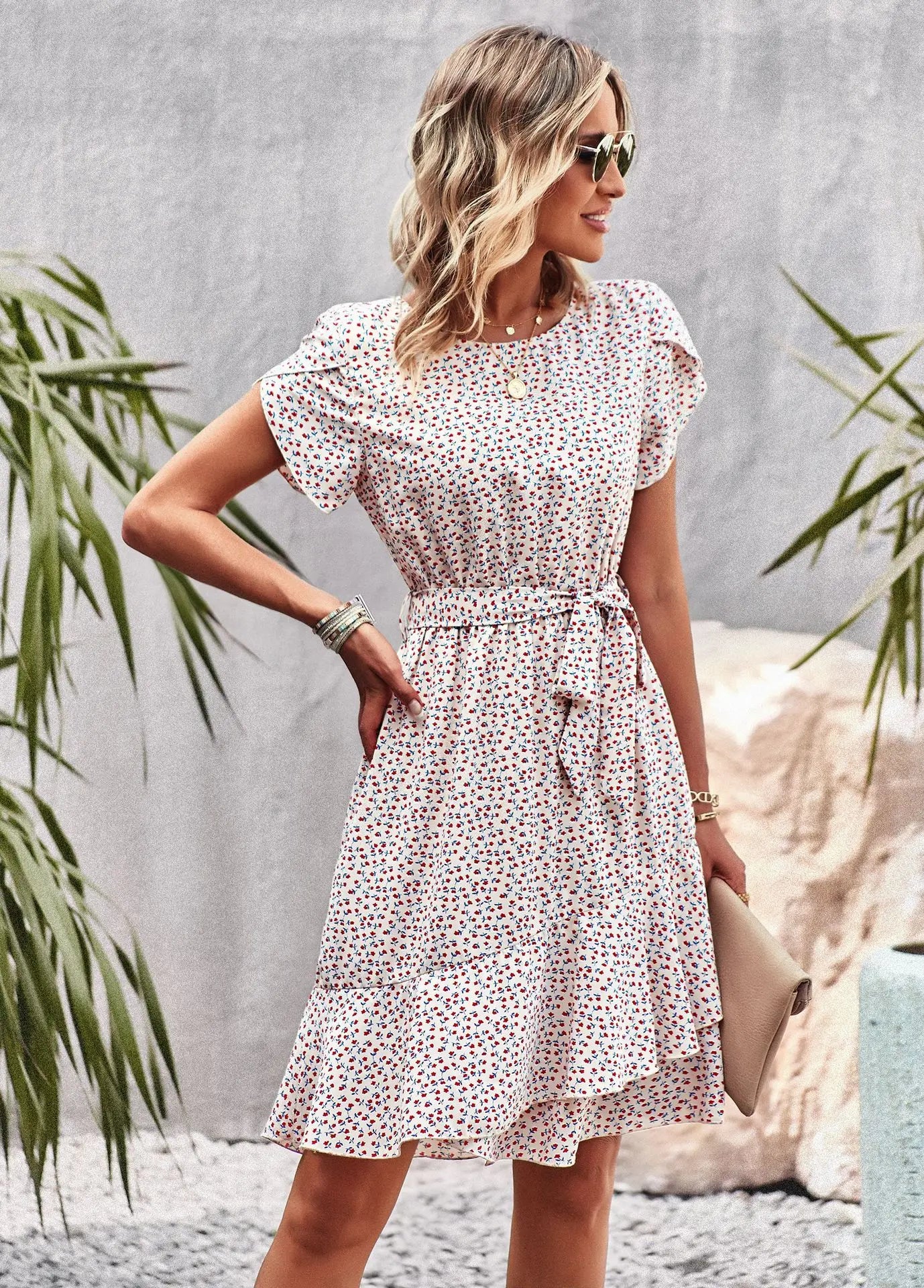 Msfilia Fashion O Neck Casual Printd Dress Women Summer Strap High Waist Pleated Dresses For Female