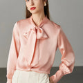 Birdtree,19MM 100%  Silk Blouse,Women Plain Satin Bow Tops,Single Breasted,French Syle Solid Shirt,2025 New T5D904JF