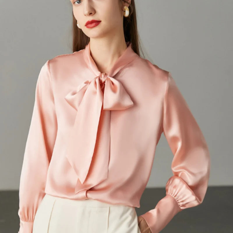 Birdtree,19MM 100%  Silk Blouse,Women Plain Satin Bow Tops,Single Breasted,French Syle Solid Shirt,2025 New T5D904JF