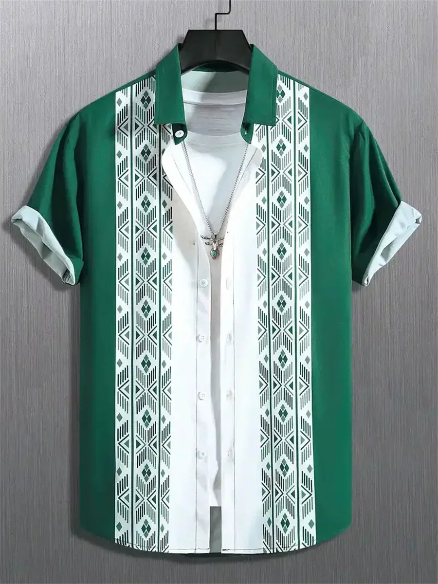 Men's Short-Sleeve Casual Loose-Fitting Lapel Hawaiian Shirt with Blue and White Porcelain Floral Print, New Summer Shirt