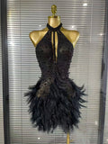 Shining Beading Women Sexy Halter Backless Feathers Bodycon Mini Dress Nightclub Party Celebrate Birthday Photoshoot Outfit