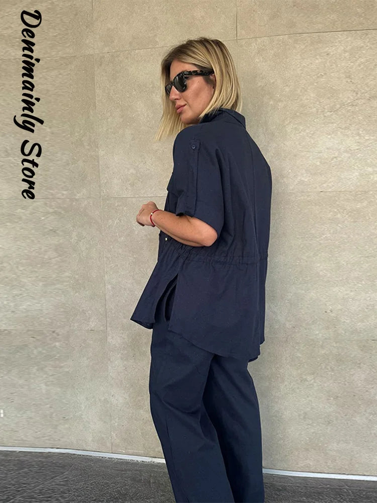 Casual Drawstring Shirt Pants Set Women Lapel Button Short Sleeve Pocket Loose Top Wide Leg Pants 2025 Chic Summer Women's Suit