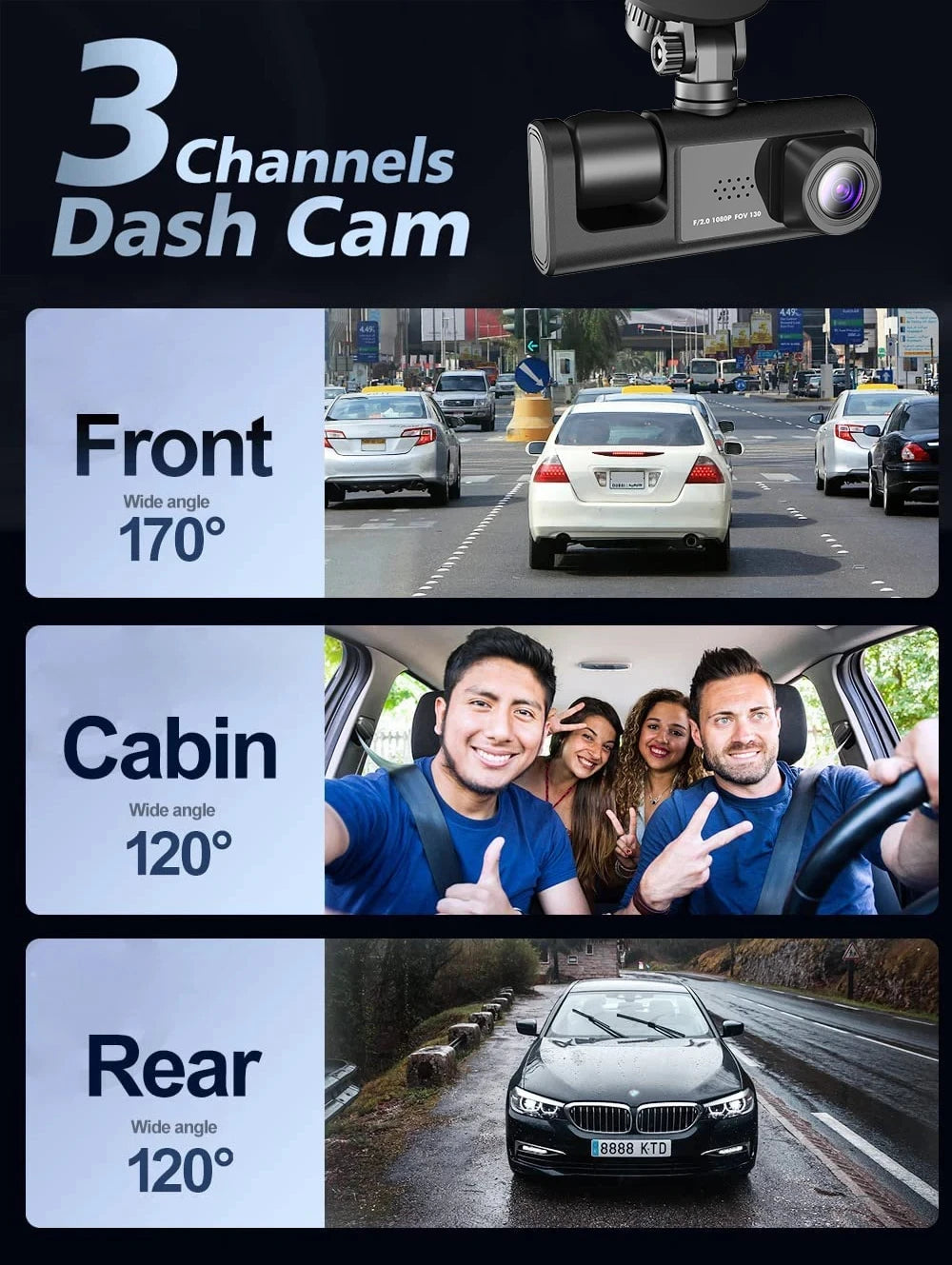 WIFI-3 Camera Dash Cam For Car Camera FHD 1080P Video Recorder Car DVR Front Rear View Camera Night Vision Black Box Car Dashcam