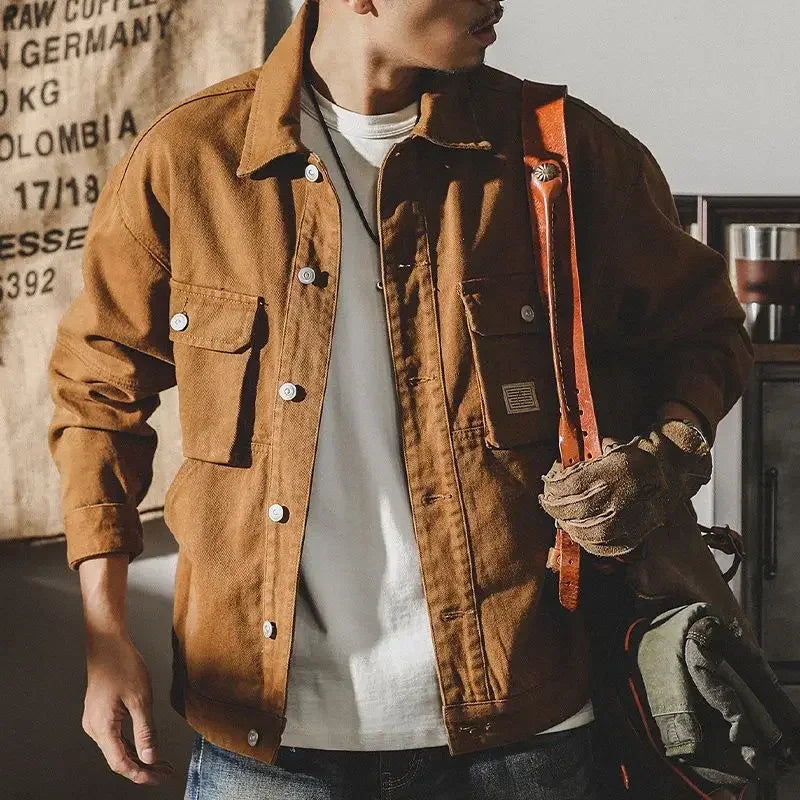 Men's Denim Jacket Vintage Brown Male Jean Coats Cargo Designer Washed Clothing Winter 2025 Korean Style Elatic Original Cowboy