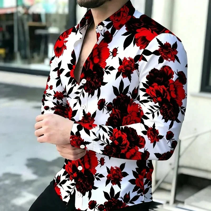 2026 New Men's Shirt Personalized Printed Long Sleeve Shirt Black Brown Contrasting Design Sense Shirt Street Trendy Men's Wear
