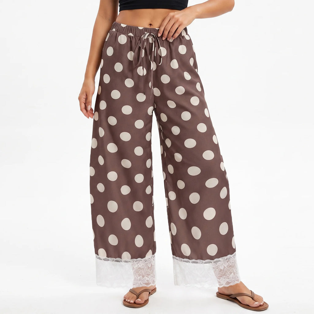 Women Y2K Retro Polka Dot Pants Lace Hem Elastic High Waist Drawstring Loose Fit Trousers Sweet French Style Vacation Bottoms