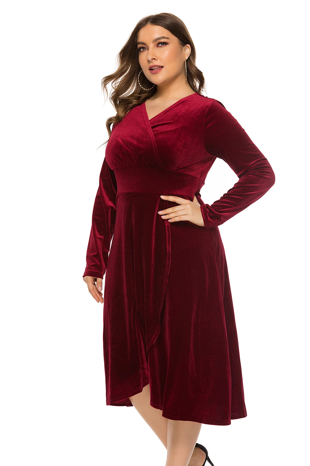 Plus Size New Arrival Fashional Long Sleeve V Neck Velvet Maxi Midi Dresses For Big Size Elegant Women