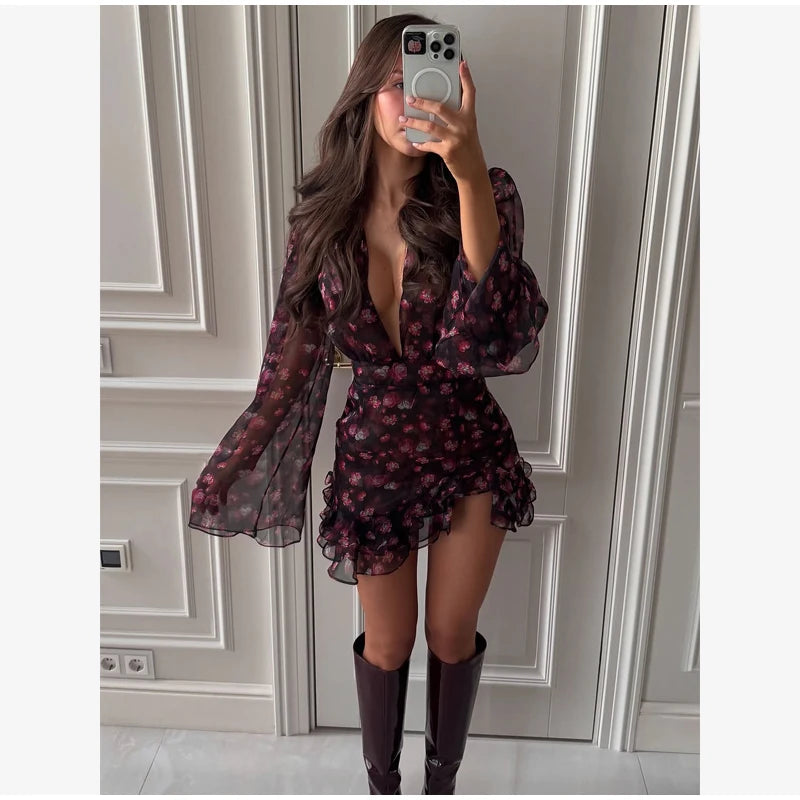 Elegant Ruffle Print Slim Short Dress Women Chic Patchwork Flared sleeves V-neck Pleated Dresses 2026 Lady Summer Casual Vestido