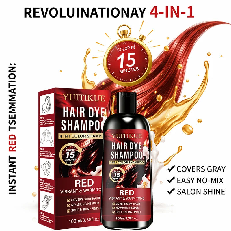 No Mix Red Hair Coloring Shampoo 4 In 1 15 Minutes Fast Dye Cover Grey Hair Glossy Vibrant Warm Tone Gentle Hair Treatment 100ml