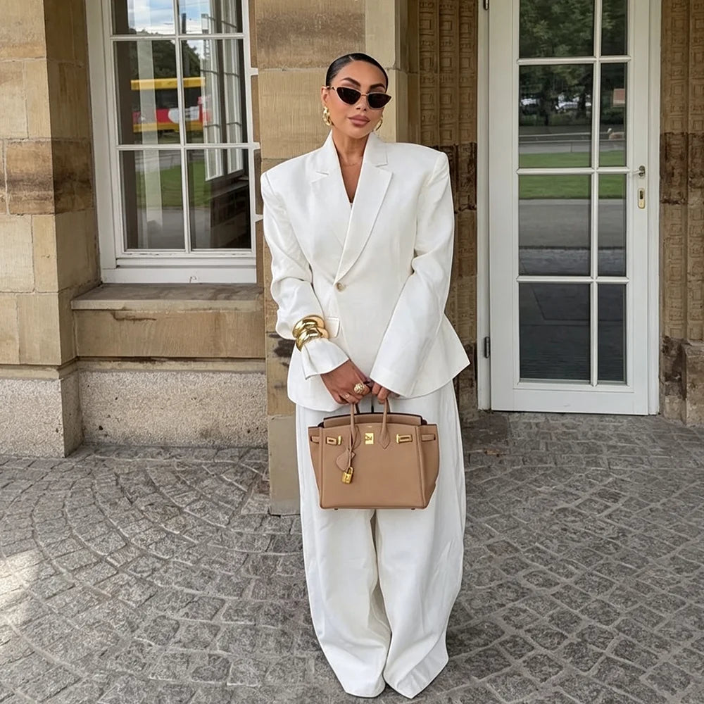 Chic White Wide-leg Pant Single Breasted Women Pants Set New Female Two Pieces(Blazer+Trousers) Conjuntos Femininos Elegantes
