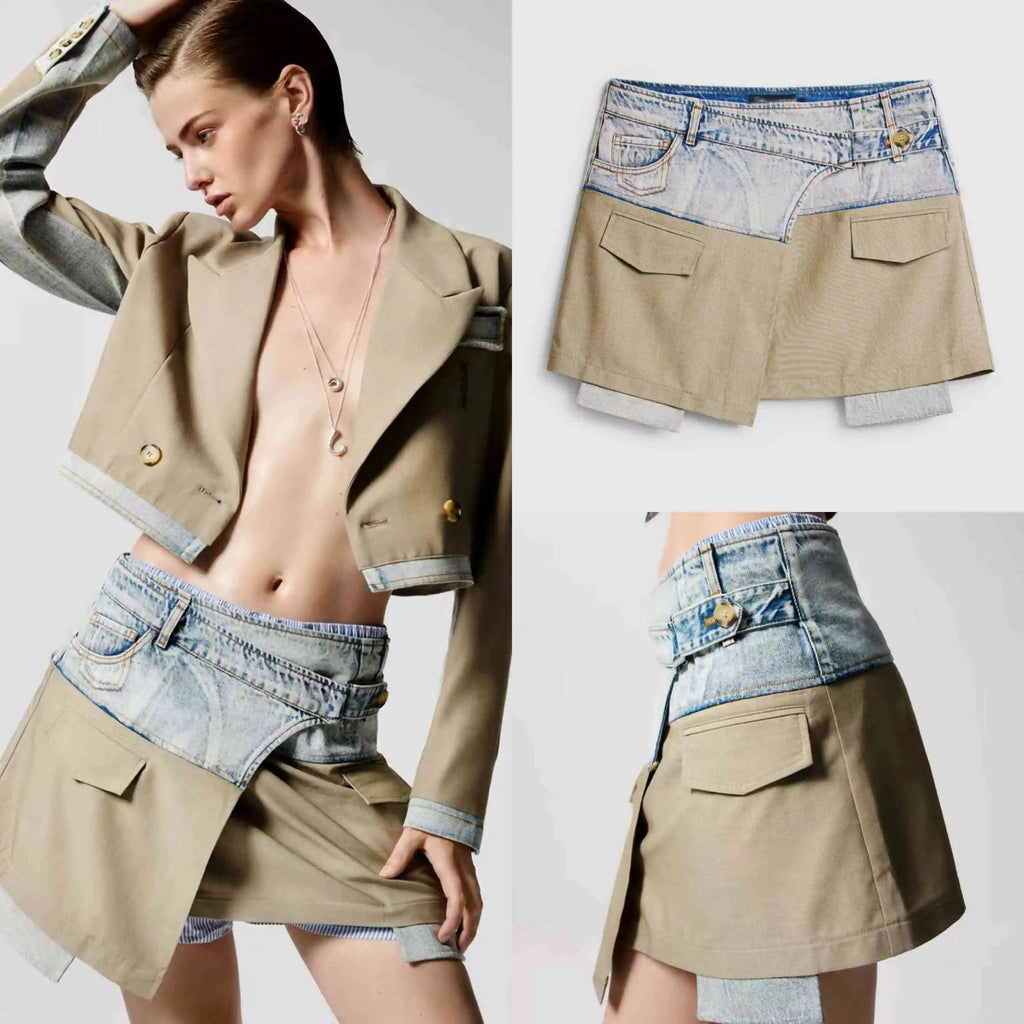 Foreign trade Spain original single color collision splicing denim asymmetrical design short skirt fashion