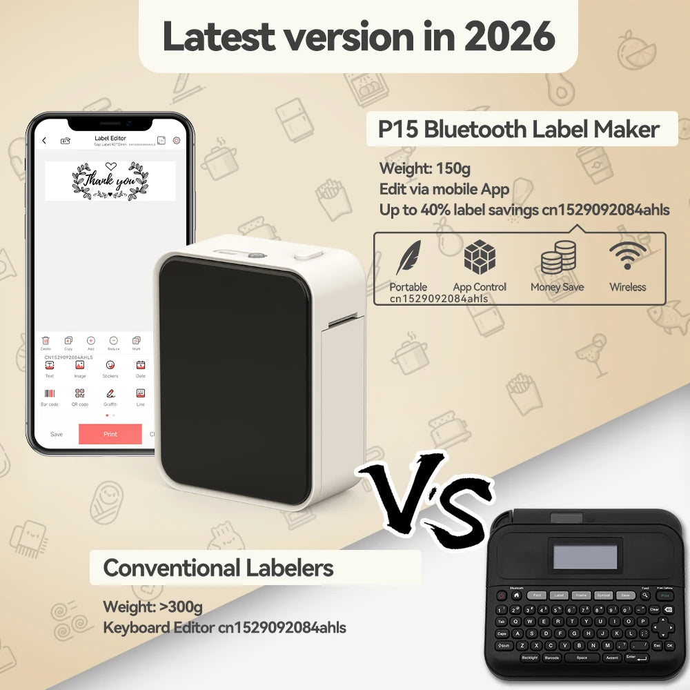 Thermal Label Printer Marklife P15 Labeling Machine Mini Printer Wireless Bluetooth Label Maker or 3PK Adhesive Label Tape