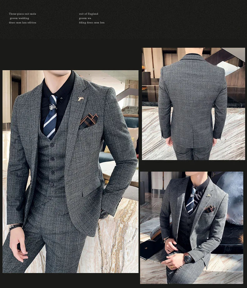 S-7XL ( Blazer + Vest + Pants ) Striped Plaid Solid Color Mens Formal Business Suit 3Pcs Set Groom Wedding Social Show Dress