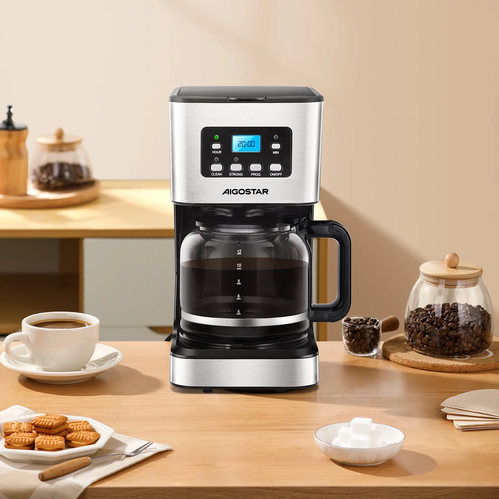 Electric Drip Coffee Maker, with Reusable Filter, Lcd Screen, 24-Hour Programmable, Self-Cleaning, 12-Cup Capacity, 950W