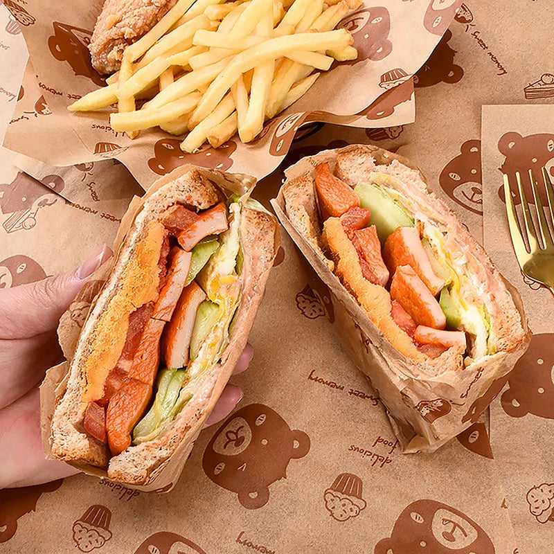 50Pcs Sandwich Packaging Paper Cartoon Coated Wrapping Disposable Household Oil-proof Chicken Roll Breakfast Baking Kitchen Tool