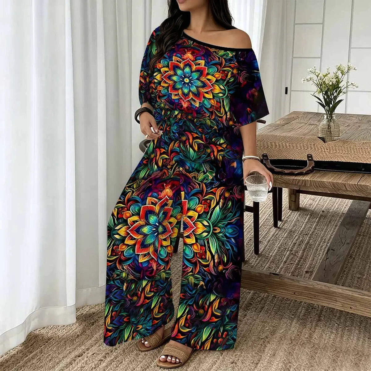 Plus Size Women Spring/summer Fashion Print Two Piece Off-shoulder  Round Neck T-shirt Casual Vacation Long Pants