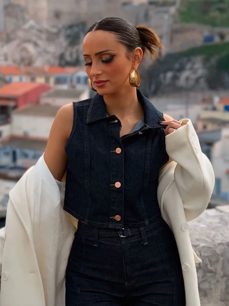 HH Women Turn-down Collar Single-breasted Sleeveless Denim Vest Top+High Waist Pocket Zipper Belt Flared Jeans 2 Piece Set