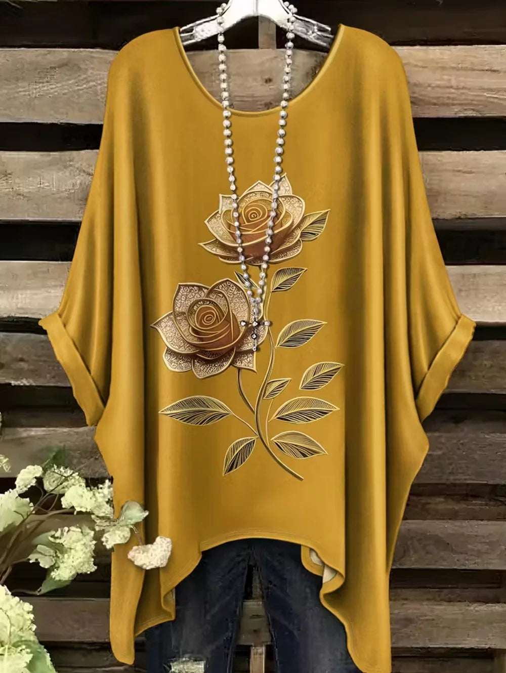 Bohemian Chic Women's T-Shirt Vintage Floral Graphic O-Neck Pullover Short Sleeve Tees Oversized Irregular Hemline Y2k Clothes