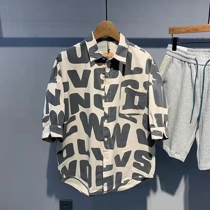 2024 Summer Trendy Men's Fashionable Lapel Full Body Letter Print High-end Versatile Casual Loose Oversized Short Sleeved Shirt