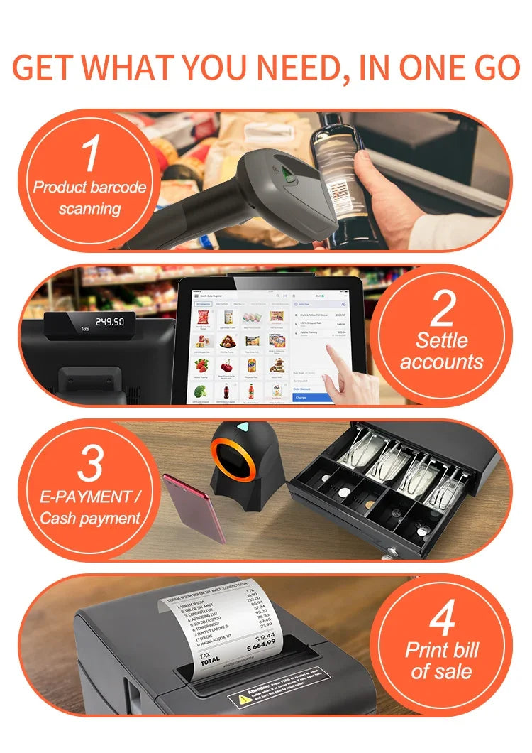 Desktop POS Computer Cash Register Touch Screen All in One POS System Terminal Machine with Scanner / Printer / Drawer