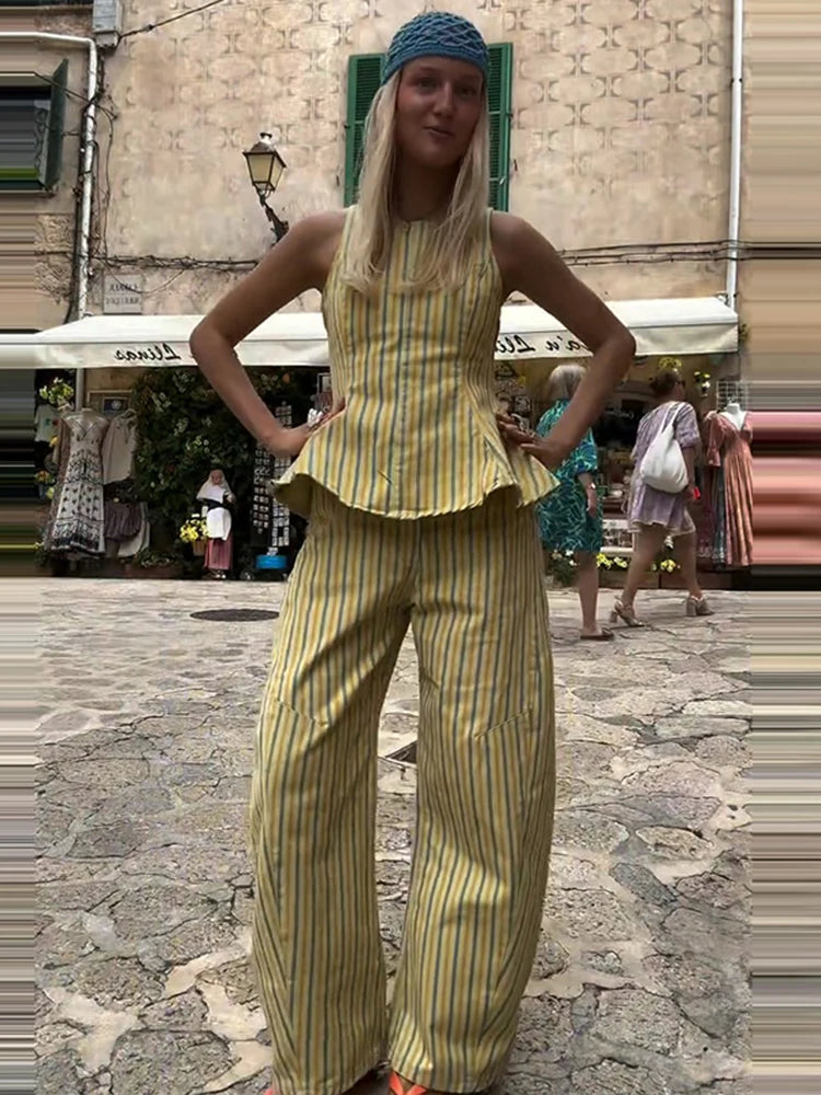 Casual Striped Pleated Vest Pants Women's Set Elegant Sleeveless O-neck Top Wide Leg Trousers 2026 Summer Vacation Lady Outfit
