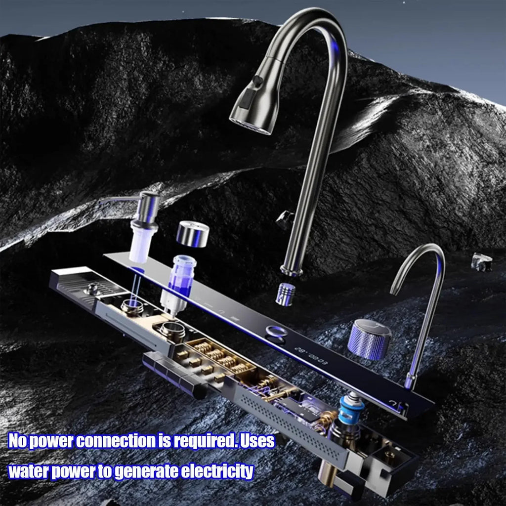Kitchen sink double waterfall sink with LED display with cup washer, soap dispenser, waterfall mixer, worktop controller, etc. w