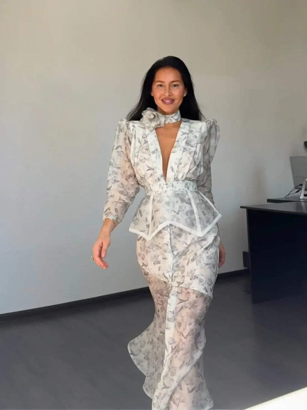 Elegant Printed Women's Dress V-neck Front Split Waist-closed Sashes Wrist Sleeve Gauze Dresses 2026 Summer Chic Female Robe