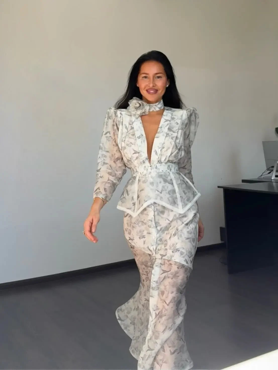 Elegant Printed Women's Dress V-neck Front Split Waist-closed Sashes Wrist Sleeve Gauze Dresses 2026 Summer Chic Female Robe