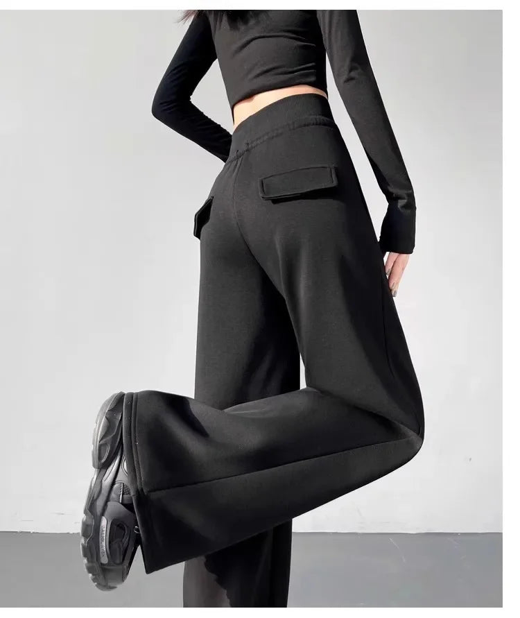 Women High Waist Drawstring Wide Leg Sweatpants Casual Loose Solid Color Straight Trousers Soft Sports Jogger Pants Streetwear
