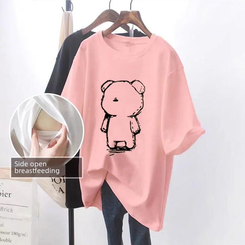 Fashionable Breastfeeding Top Short Sleeve Crew Neck T-shirt Versatile Summer Outdoor Wear For Mothers Simple Top For Feeding