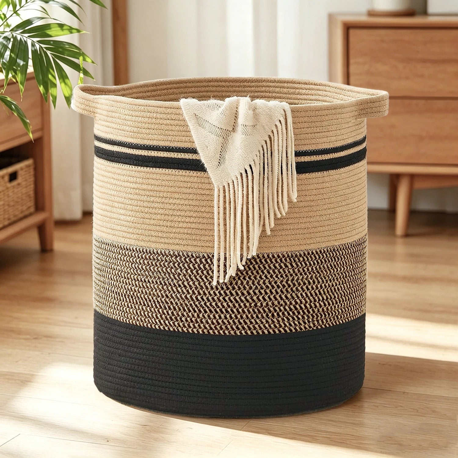 Laundry Basket with Handles - Large Woven Storage Hamper for Clothes, Blankets & Pillows, Neutral Decorative Organizer for Gift