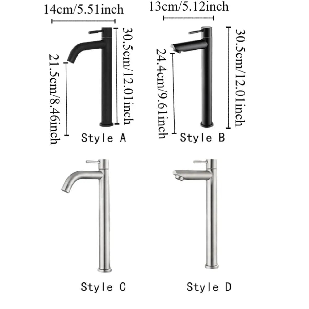 Stainless Steel Heighten Washbasin Faucet Silver/Black Quick Open Single Cold Faucet Rust-proof Sink Water Tap Bathroom Counter