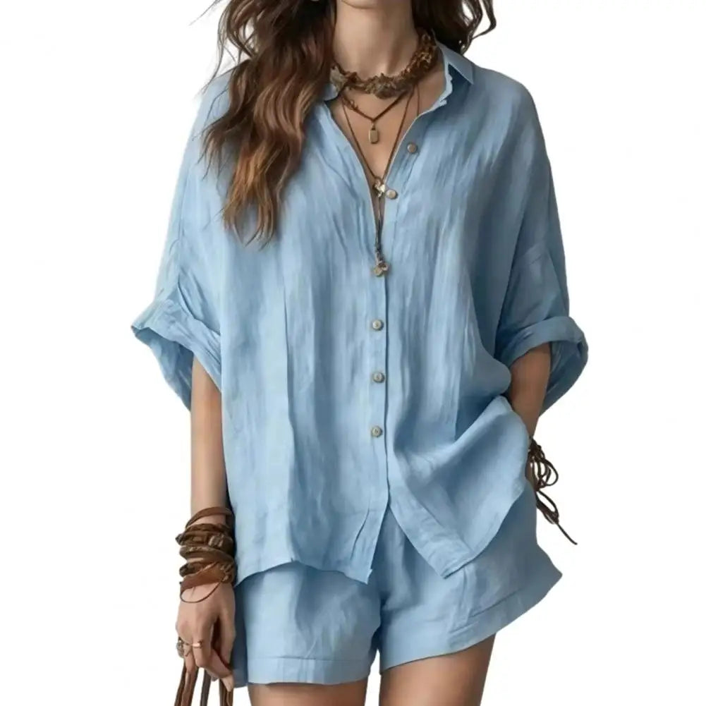 Fashion Loose Print 2 Piece Sets Women Outfit 2026 Casual Short Sleeve Shirt With High Waist Shorts Set Female Homewear