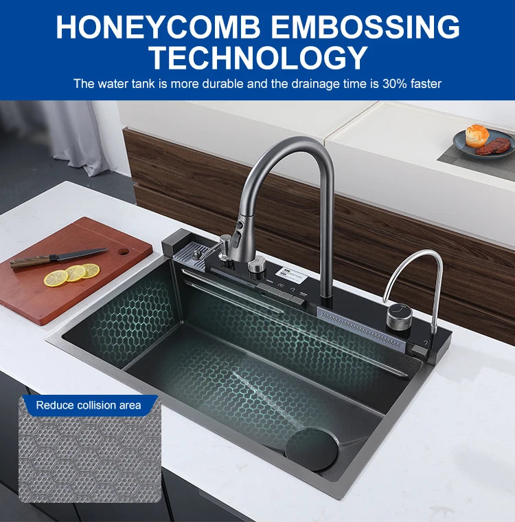 Light Emitting Diode Digital Nano Handmade Modern Single Slot Stainless Steel Waterfall Multifunctional Smart Kitchen Sink