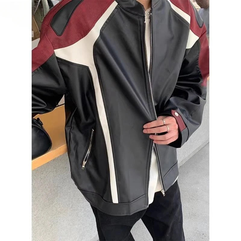 American Retro Motorcycle Jacket Men Women's High Street Spring Autumn Contrasting Color Splicing Design Handsome Bomber Coat