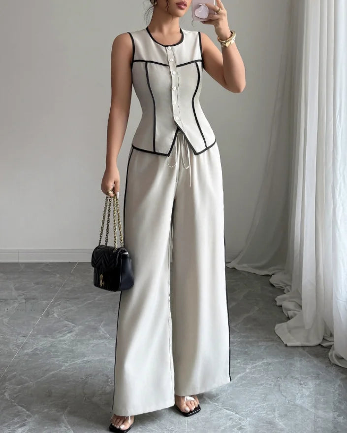 New Women's Elegant Button Vest & Wide Leg Pants Set Temperament Two Piece Outfits Woman Summer Fashion Two-Piece Casual Sets