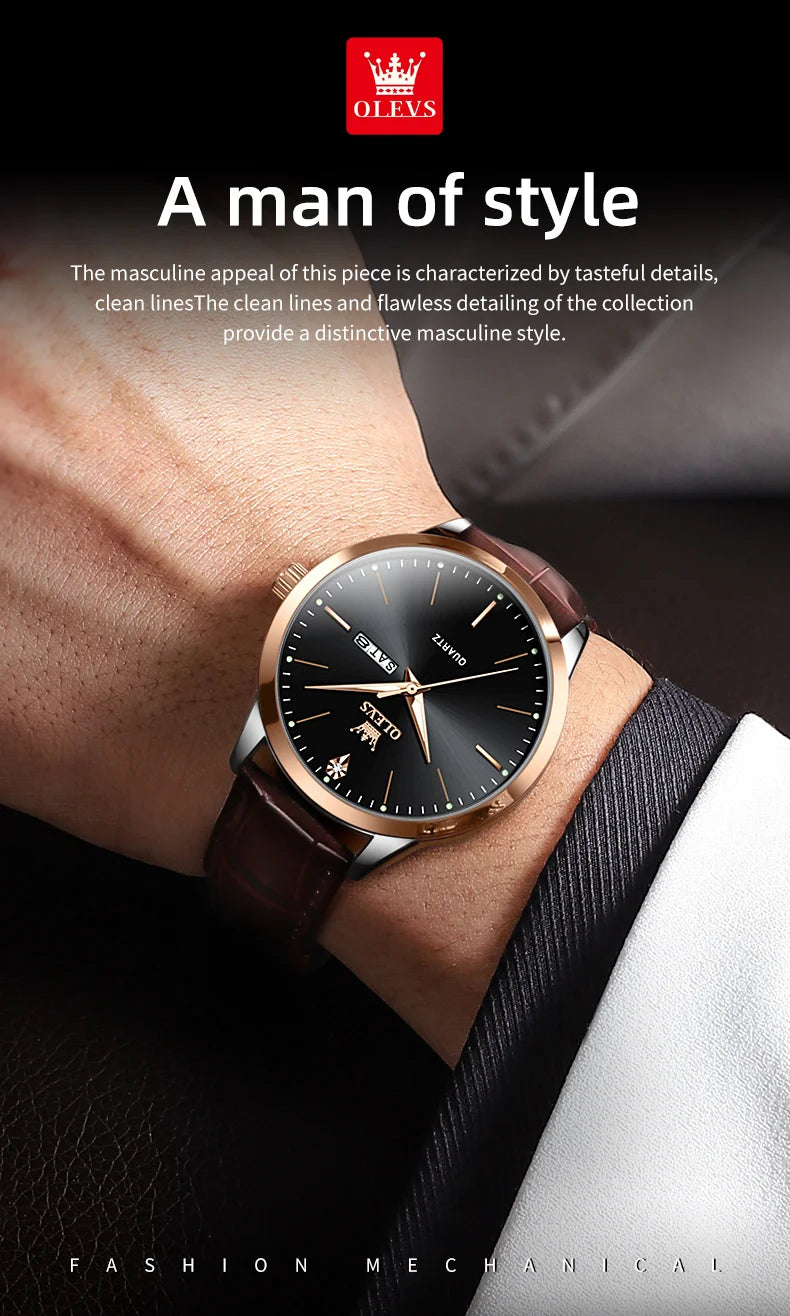 OLEVS 2935 Business Casual Men's Watch Waterproof Leather Strap Luxury Brand Date Week Temperament Trend Quartz Men's Watch