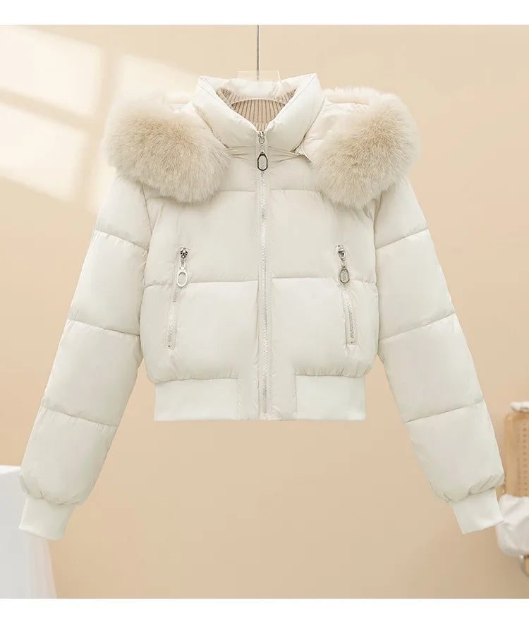 Winter Casual Versatile Cotton-Padded Jacket with Fur Collar Short Hooded Warm Coat New Style Women's Outdoor Puffer Jacket