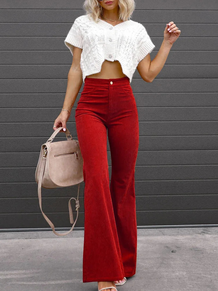 2025 Corduroy Trousers All Season Women Solid Button Fly Pocket Loungewear Slim Fit Ladies Flare Pants Streetwear Dropshipping