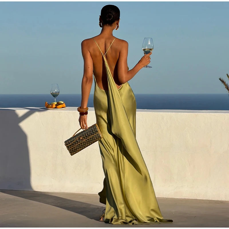 Backless Women Dress Satin Spaghetti Strap Maxi Dresses Back Tail Cowl Drape Front Neck Side Split Hem Elegant Evening Bodycon